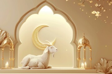 Eid al adha islamic decoration background with goat sheep arabic crescent, ramadan kareem, mawlid, iftar, isra miraj, eid al fitr, muharram, copy space text area, 3D illustration - generative ai
