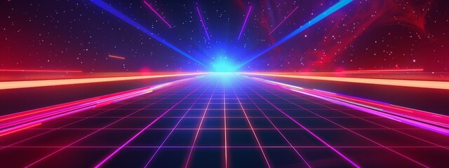 Illustration retro synthwave retro wave with laser grid background. AI generated image