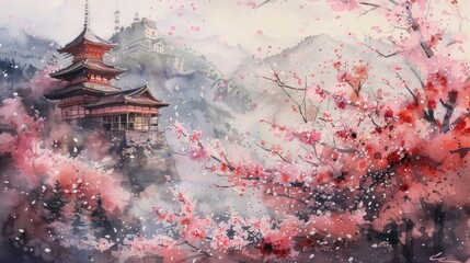 Japanese Watercolor painting featuring cherry blossoms and temple in japan realistic, naturalistic, romantic, dreamy style, warm, rich colors, stunning, high-contrast, ultra-detailed, high detail.