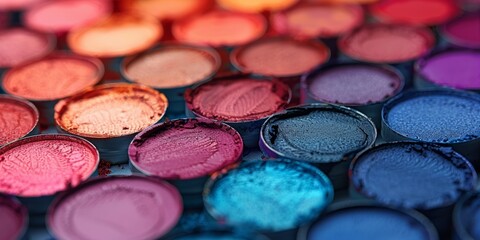 Obraz na płótnie Canvas A close-up view of various vibrant eyeshadow palettes, highlighting their rich textures and colors in makeup..