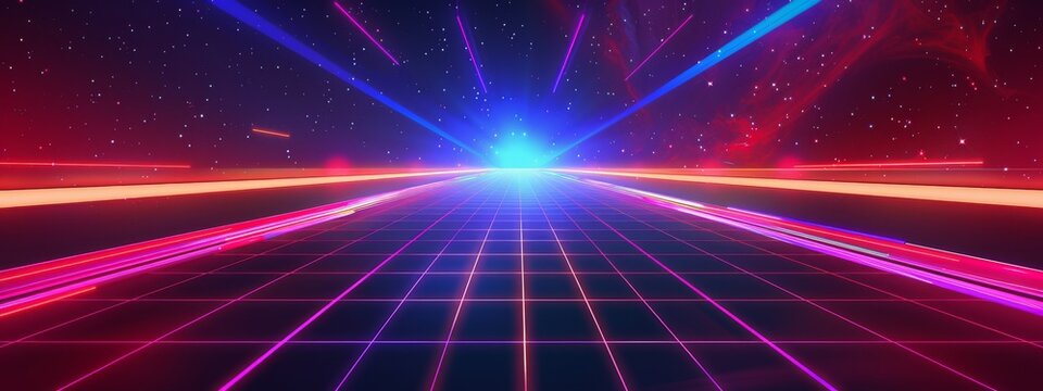 Illustration retro synthwave retro wave with laser grid background. AI generated image