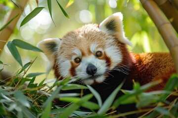 Endearing red panda lounging in a bamboo forest, A charming red panda resting amidst lush bamboo...