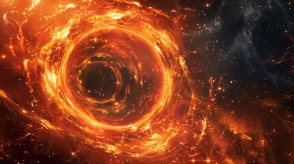 Portal to another world with a fiery glow around. Cosmic wormhole. Space travel concept. Science fiction universe exploration