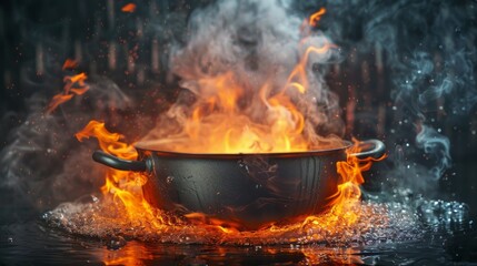 Steaming pot of water, game icon, background is outdoor with flames and smoke, high resolution.