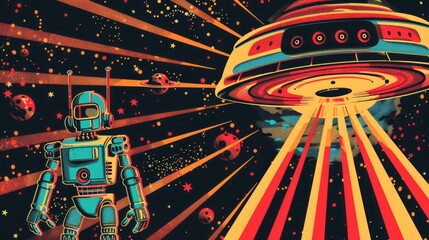 U retro pop art background with levitating space elements like robot and ufo--no characters, fantasy.