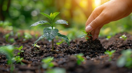 Person planting a small terrestrial plant in the ground with a thumbsup gesture