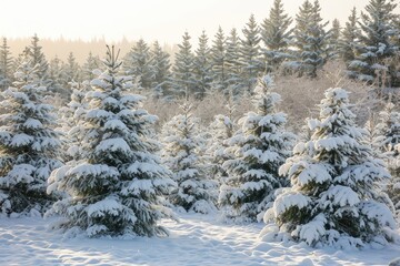 Fototapeta na wymiar Freshly fallen snow on evergreen trees in a winter wonderland, A serene winter scene where evergreen trees are adorned with freshly fallen snow
