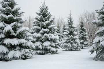 Freshly fallen snow on evergreen trees in a winter wonderland, A serene winter scene where evergreen trees are adorned with freshly fallen snow