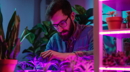 A young woman attentively tends to her indoor garden under radiant purple grow lights