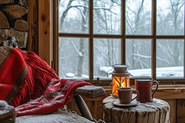 Fototapeta na wymiar Frosty windows and hot cocoa by the fireplace in winter, A cozy and inviting scene where frost patterns adorn windows while warm cocoa steams beside a crackling fireplace