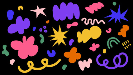 Set of abstract figures and shapes. Geometric figures. Vector. Trendy modern stickers in retro and vintage 90s style. 2000s. Clouds and bubbles. Elements in hand drawn style. Groovy y2k forms. Doodle
