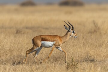 Graceful gazelle captured mid-stride on the savannah, A stunning image capturing the elegant form of a gazelle mid-stride as it traverses the vast expanse of the savannah