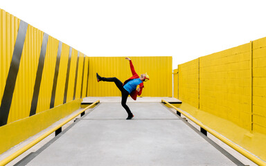 Vibrant superhero pose in a yellow urban setting