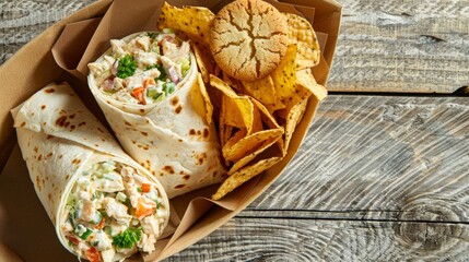 Fast food plate with wrapped chicken salad. Served with chips and cookies.