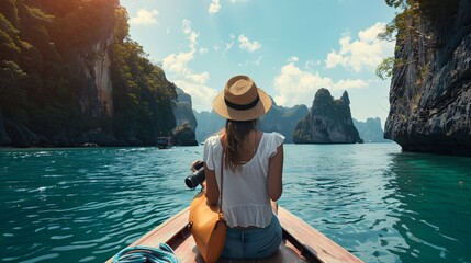 Traveler woman enjoying the breathtaking views of Ko Hong island from a boat, capturing the moment on her camera - obrazy, fototapety, plakaty