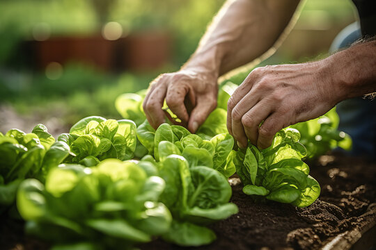 detail shot of hands harvesting lettuce from a vegetable patch