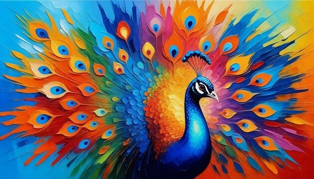 Abstract oil painting colorful peacock tail painted with palette knife created with generative ai	
