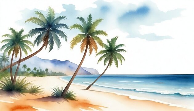 Illustration of palm trees on the beach with ocean sea, watercolor painting of palm trees isolated on white background created with generative ai