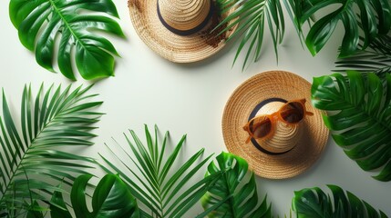 A flat lay composition with summer vacation accessories on a white background, top view. - obrazy, fototapety, plakaty