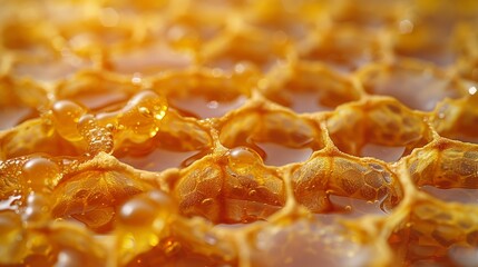 An image of honeycombs covered in sweet golden honey, close up