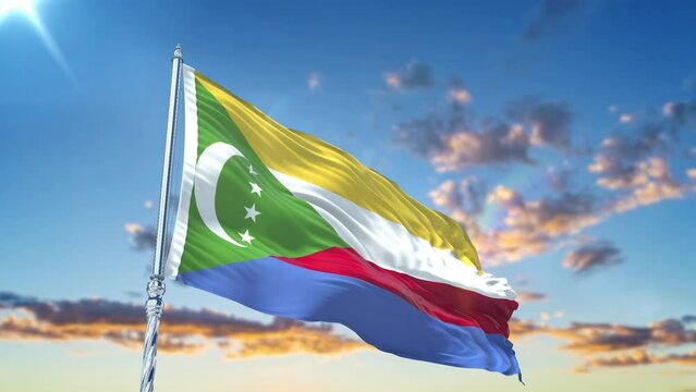 Comoros flag Waving Realistic With Sky