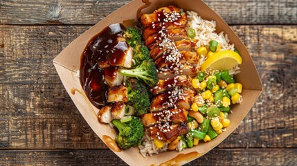 Fast food dish with jasmine rice, Teriyaki barbecue chicken, baked broccoli, corn, green onions.