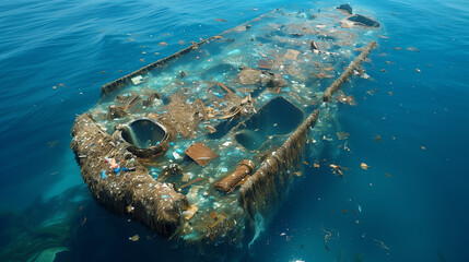 Environmental Protection; Marine Pollution, a trash boat laden with garbage on the ocean
