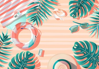 Fototapeta na wymiar pastel colors depicts a beach towel with white and pink stripes, a swimming ring, a sun hat, palm leaves, sunglasses and a travel ticket evoking summer vibes Generative AI