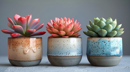 Grey background with succulent plants in pots. Houseplants.