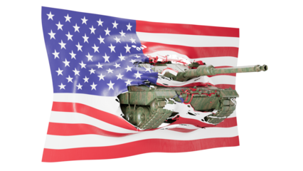 Battle Tank Superimposed on Blended National Flags, Symbolizing Military Alliance