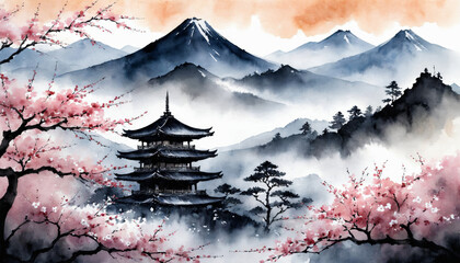 Ink landscape painting. Traditional oriental ink painting sumi-e. Spring landscape. Ink painting depicting blooming oriental sakura, pagoda temple, misty  mountains. 