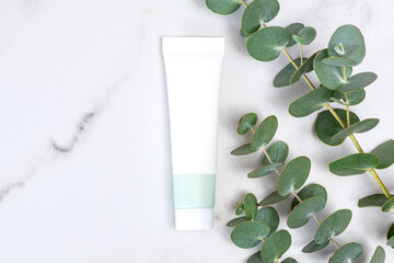 Eucalyptus-themed cosmetic tube on marble background