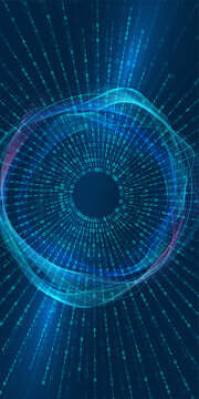 Digital innovation, technology, AI, big data. Abstract binary shape with circular wave element for design on the theme of technology, artificial intelligence. Dispersed 0 and 1 on blue background