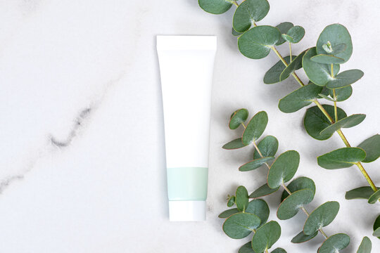 Eucalyptus-themed cosmetic tube on marble background