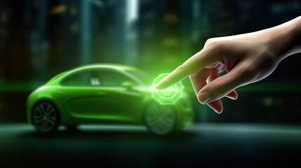Man pushing green car button. Concept of e-mobility, clean green energy concept, EV car - 786671615