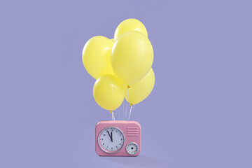 Retro clock with bunch of yellow floating balloons on lilac background