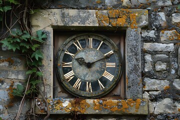 A clock is shown on a stone wall with vines growing around it and a brick wall with moss growing on