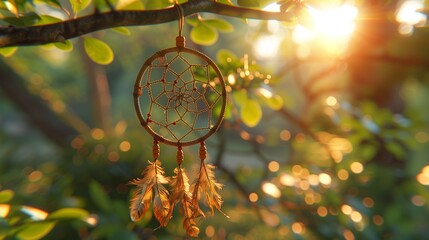 a dream catcher is hanging from a tree branch
