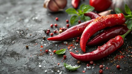 An illustration of chilli peppers, garlic, powder spice and sauce against a gray background - obrazy, fototapety, plakaty