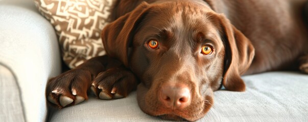Funny lovely chocolate Labrador dog lies on the beige fabric sofa in a cozy afternoon, copy space,...