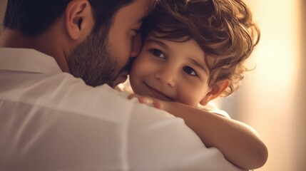 Happy father and son, smiling Latino young father holding his beloved baby boy have a good time together, closeup portrait, for family, father's day, men's happiness, have fun, copy space. - obrazy, fototapety, plakaty