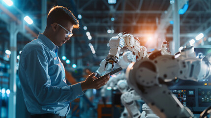 engineer inspection robot arms technology intelligence and innovation while looking digital tablet at factory