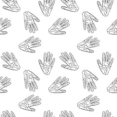 A monochrome illustration of a seamless pattern featuring a symmetrical arrangement of black dots resembling a flower or plant, creating a circlelike design on a white background