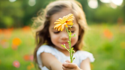 Cute little girl is sending flowers in her hand to someone on blurred outdoor spring field, concept for gift for Mother's Day, Father's day, Teacher's Day greeting cards background, copy space.