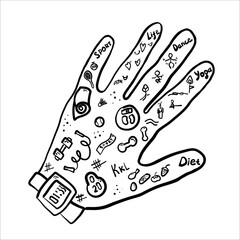 A monochrome drawing of a hand showcasing a watch, with intricate patterns and detailing, perfect for a coloring book or art project