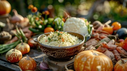 outdoor autumn harvest table featuring a bowl of fresh sauerkraut as part of a farm-to-table meal, surrounded by seasonal vegetables