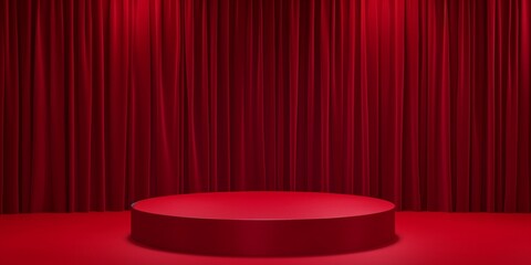 Empty red display podium on minimal red stage with red curtains, scene with a red curtain, Concert, show, performance, new year, Valentine, Christmas.