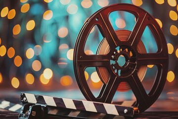 vintage cinema film reel and blurred movie clapperboard in foreground filmmaking background
