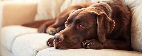 Funny lovely chocolate Labrador dog lies on the beige fabric sofa in a cozy afternoon, copy space,...