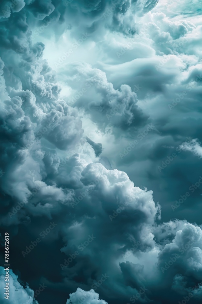 Poster a plane flying through a cloudy blue sky. suitable for travel and transportation concepts
